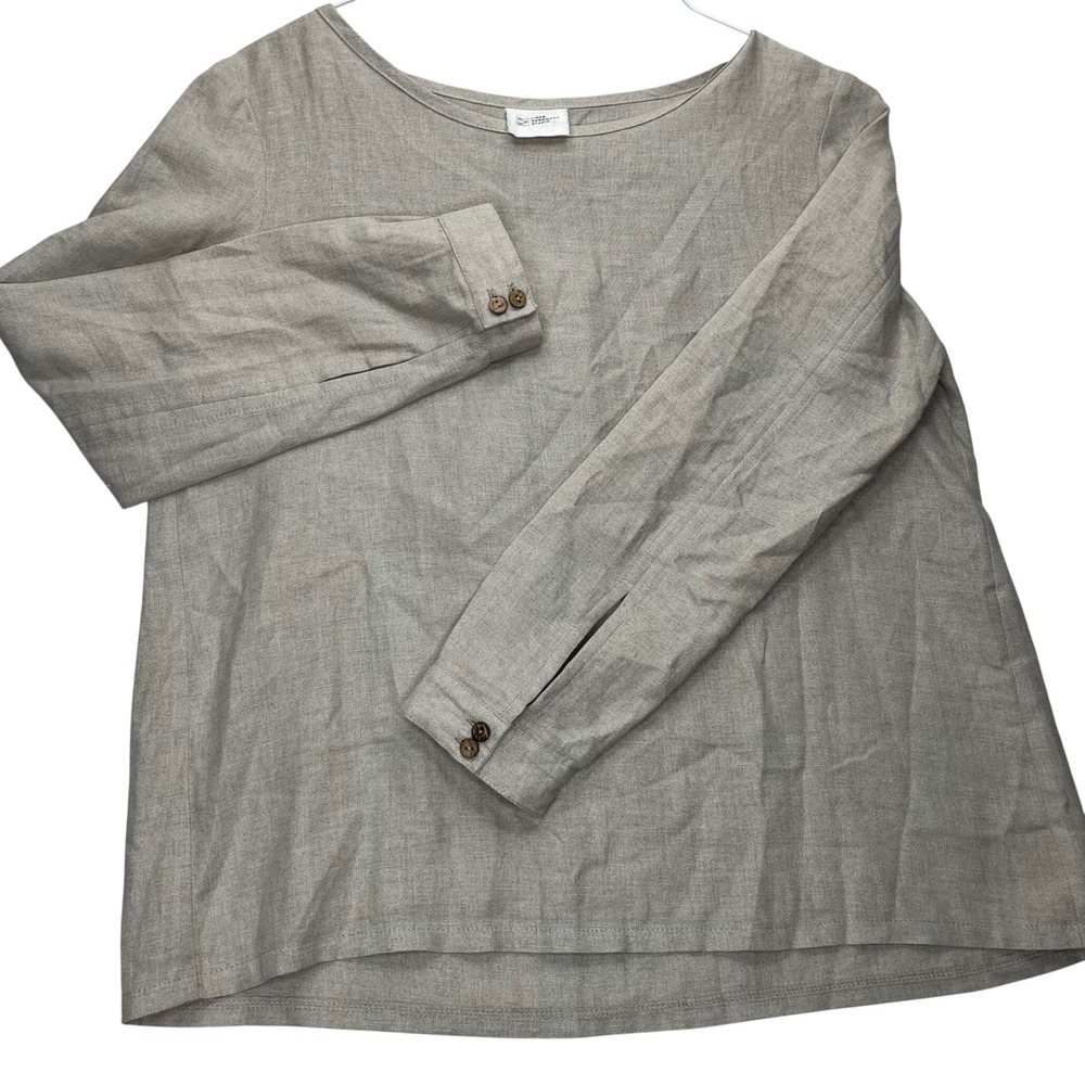Linen Handwork Studio Blouse Womens Oatmeal Beige Long Sleeve Top Pleat Back